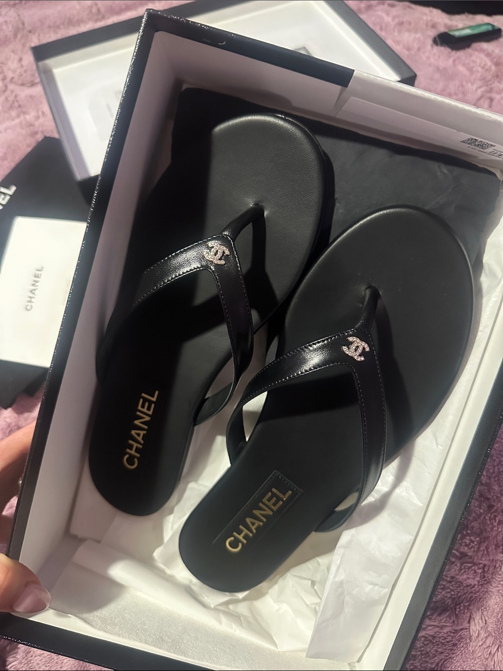 CHANEL Black Patent Leather Logo Thong Sandals